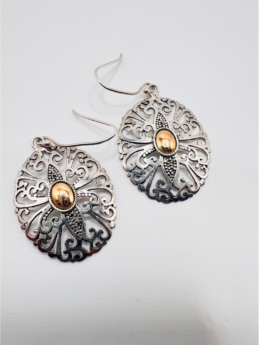 925 Sterling Silver 18K Gold Filigree Dangle Earrings Two Tone 3.16g
